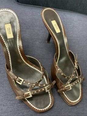 Prada Brown Leather Stud-Trim Slingback Heels